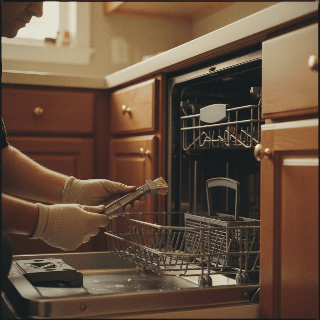 Technician cleaning dishwasher spray arm and components
