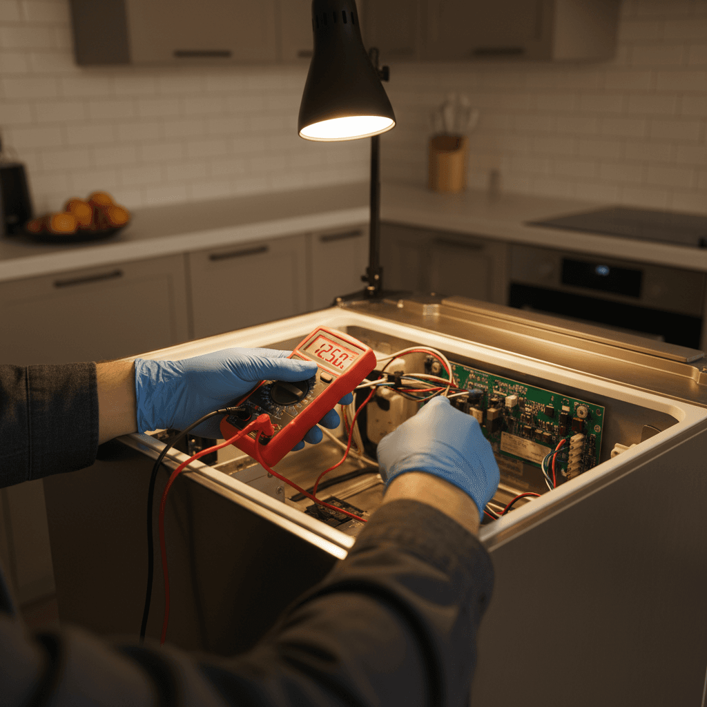 Technician diagnosing refrigerator interior