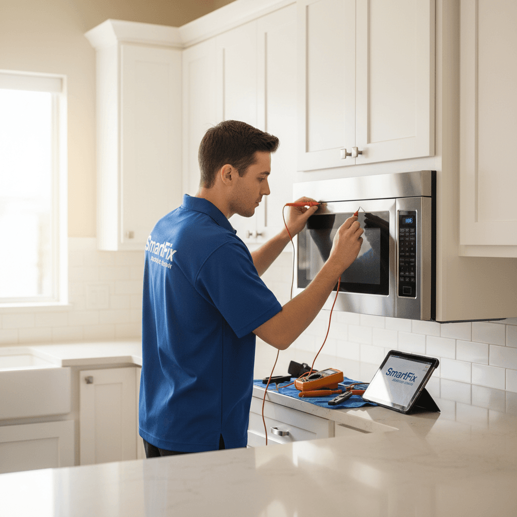 Technician testing microwave controls and functions