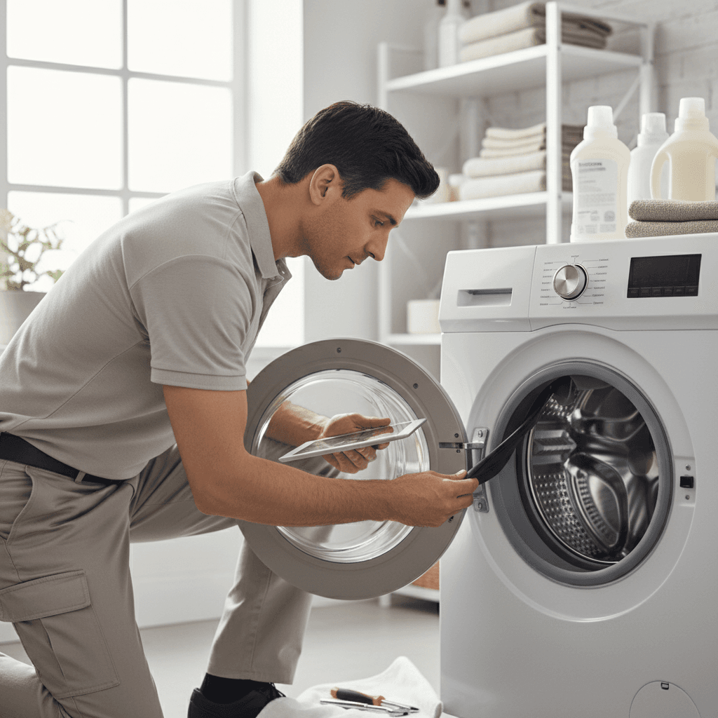 Technician examining washing machine drum and seals