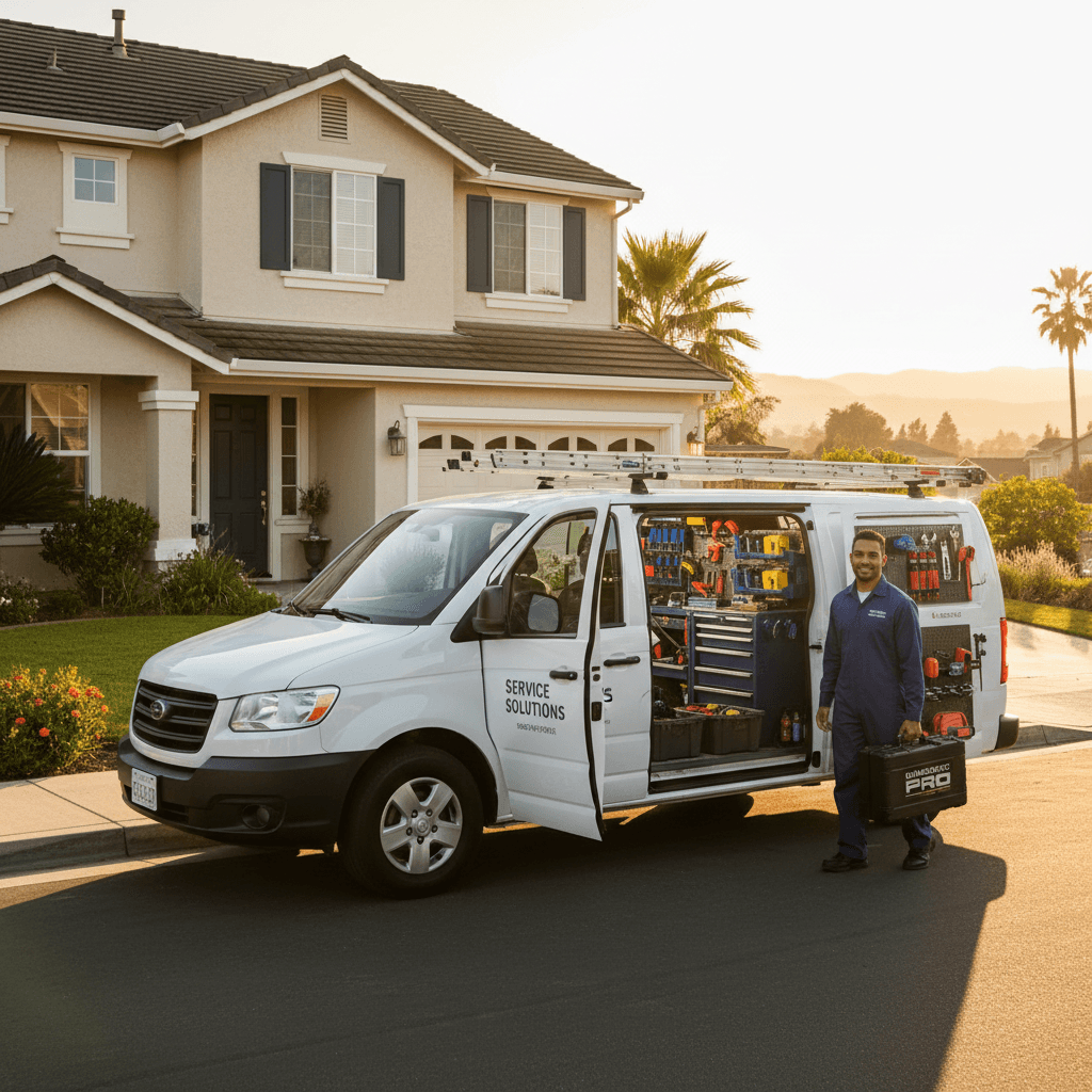 SmartFix repair van with technician carrying diagnostic equipment to home