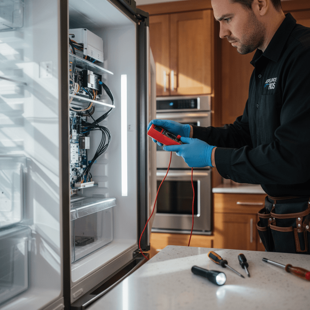 Technician repairing refrigerator panel