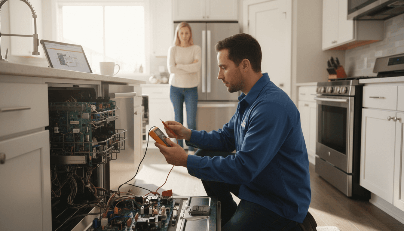 Technician diagnosing dishwasher control panel with multimeter while homeowner observes in residential kitchen