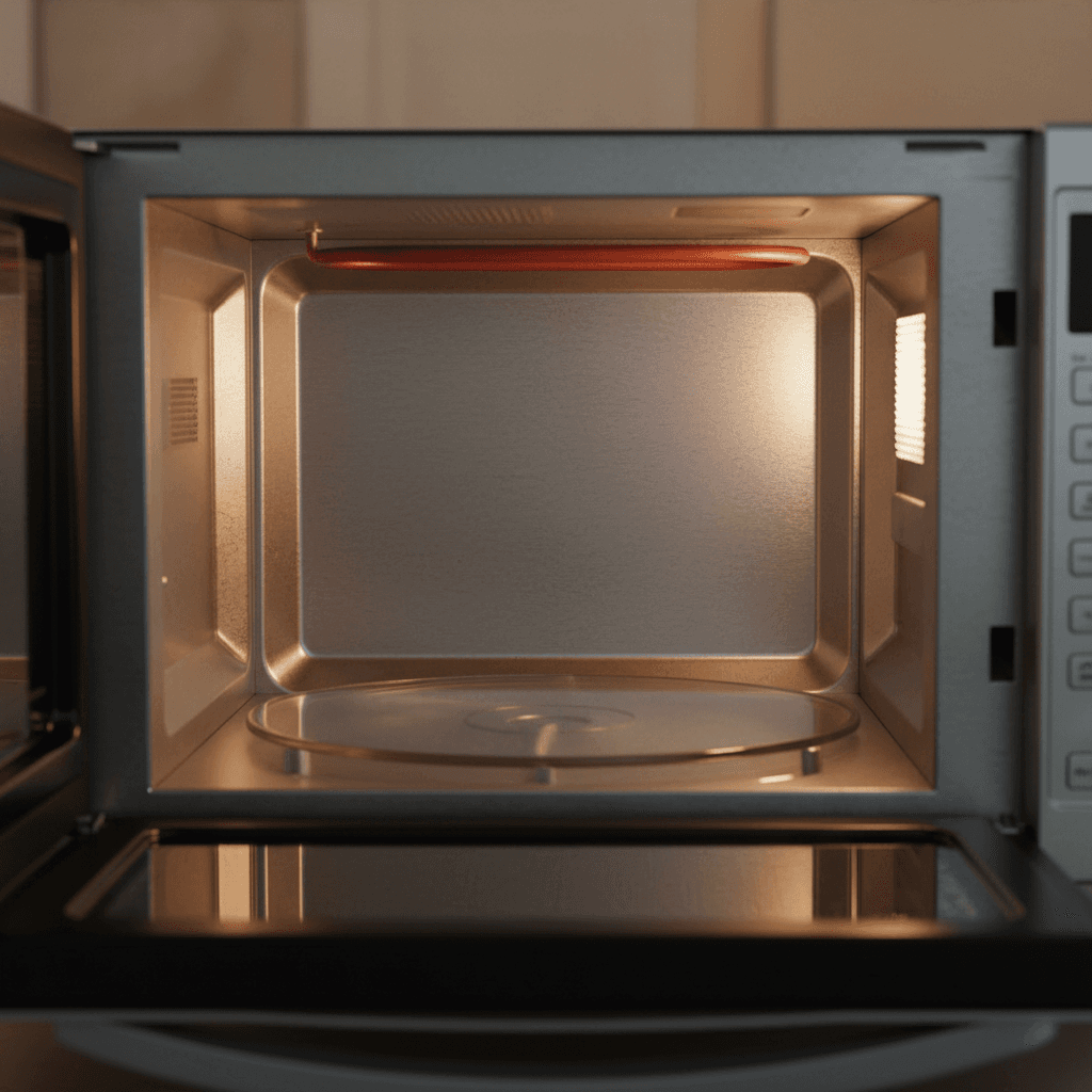 Close-up interior view of microwave oven showing stainless steel chamber and turntable with warm lighting