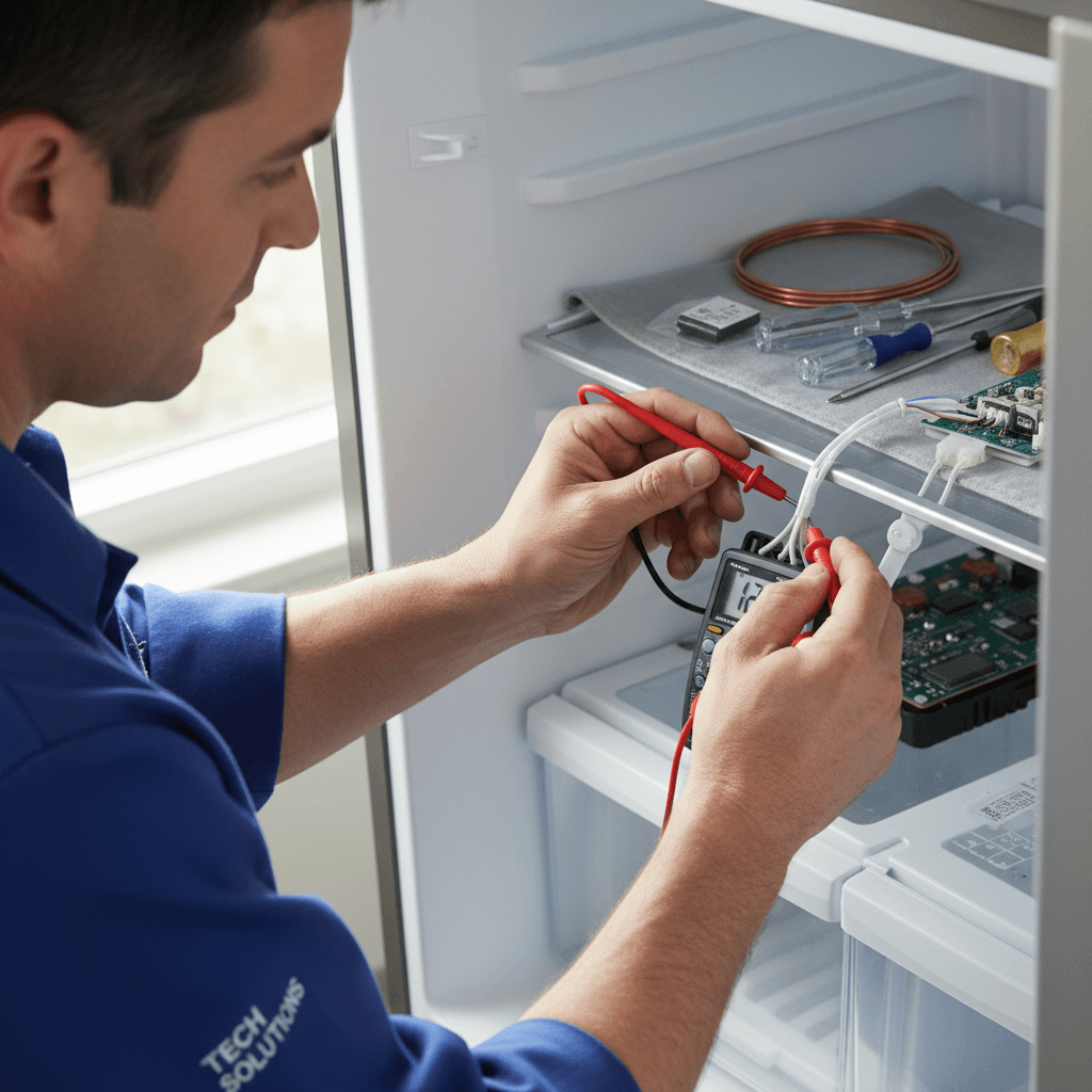 Technician inspecting refrigerator compressor components