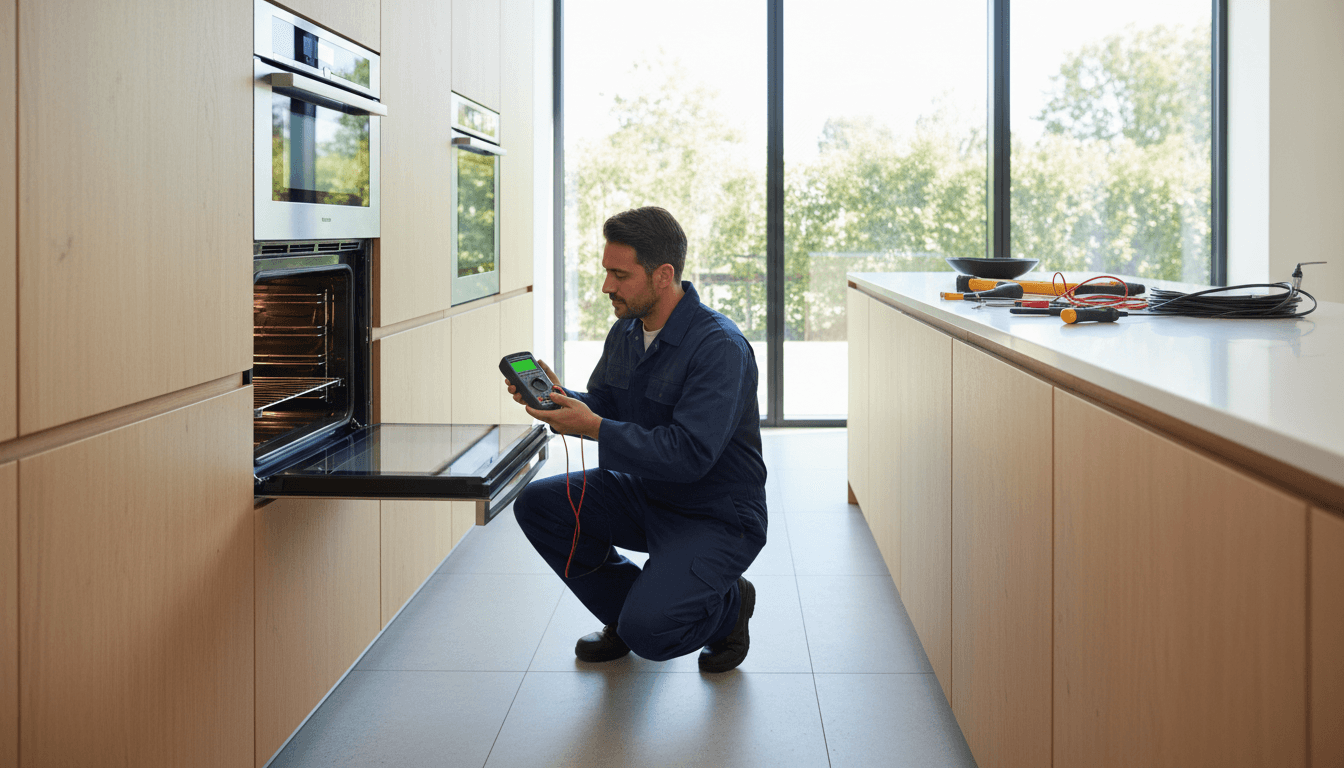 Technician in service uniform diagnosing high-end oven with diagnostic tools in modern kitchen