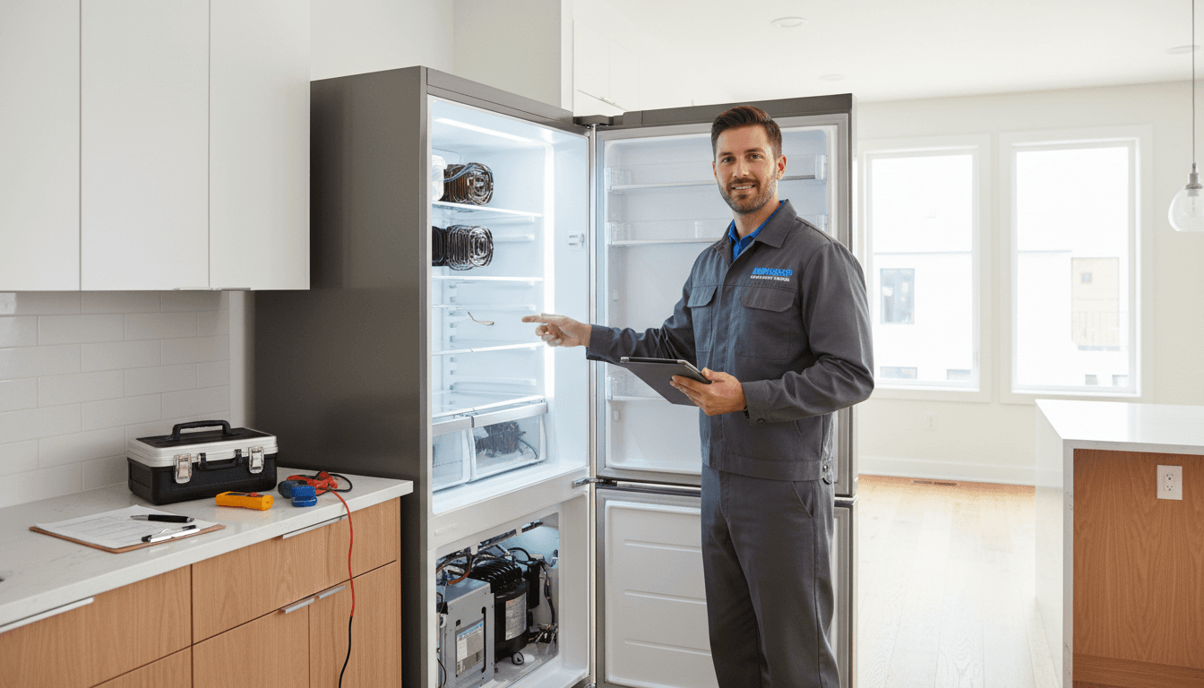 Professional technician performing refrigerator maintenance in bright modern residential kitchen with diagnostic equipment
