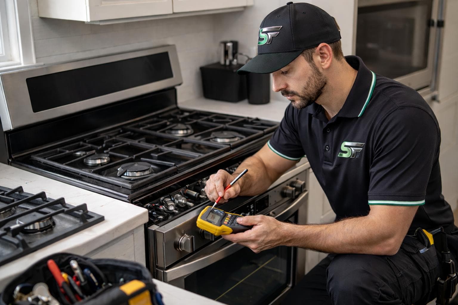 Technician in a black uniform uses a diagnostic tool to inspect a stainless steel stove.